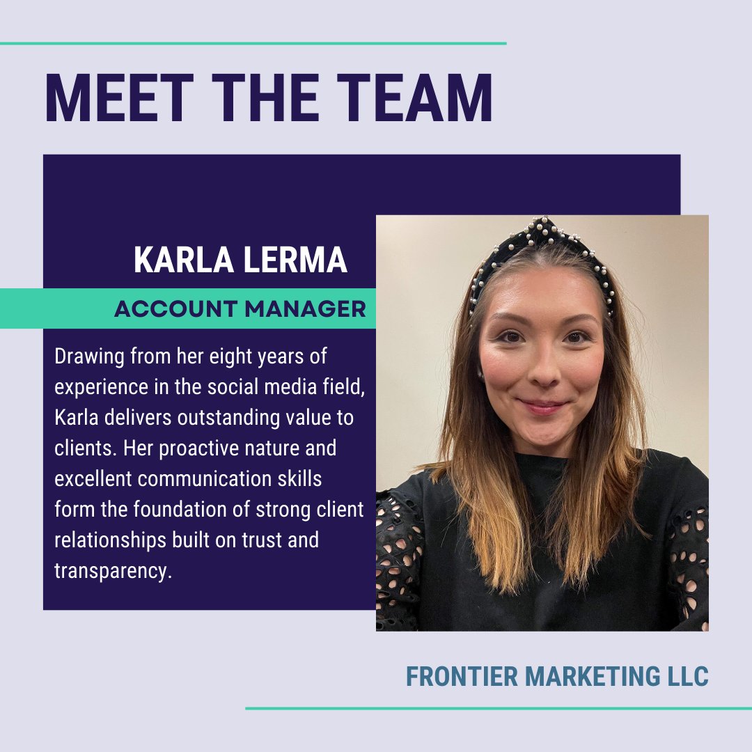 tothefrontier's tweet photo. Meet Karla! With 8+ years in social media, she’s a pro at building trust &amp; delivering success for clients. A UT Austin grad, Karla thrives on creativity, from baking to home decor. Proud mom of 2 &amp; a Swiftie at heart, she’s all about strategy, warmth, &amp; teamwork! https://t.co/N6MpoDlDm4
