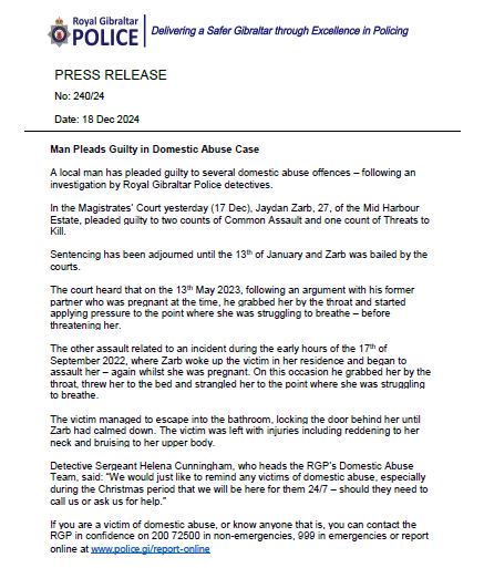 RGPolice's tweet photo. A man has pleaded guilty to several #domesticabuse offences – following an investigation by RGP detectives.
In the Magistrates’ Court yesterday, Jaydan Zarb, 27, of the Mid Harbour Estate, pleaded guilty to 2 counts of #CommonAssault & 1 count of #ThreatstoKill.
#Gibraltar https://t.co/jrcDRml0cr
