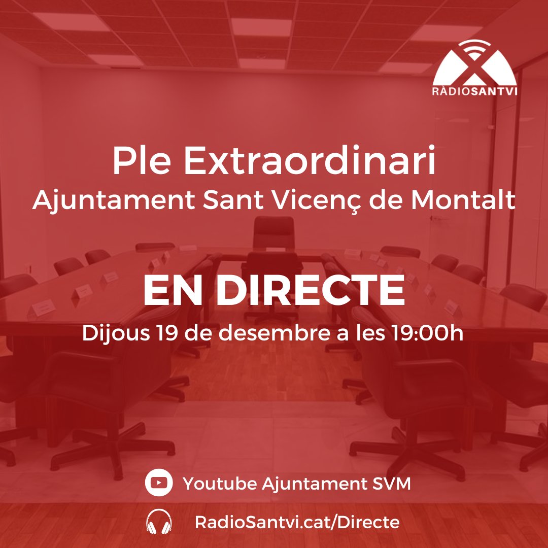 🔴 PLE EXTRAORDINARI 🔴

📅 Dijous 19 de desembre a les 19:00h

💻 Es podrà seguir en directe a Radiosantvi.cat

🌐 També al canal de Youtube de l'Ajuntament