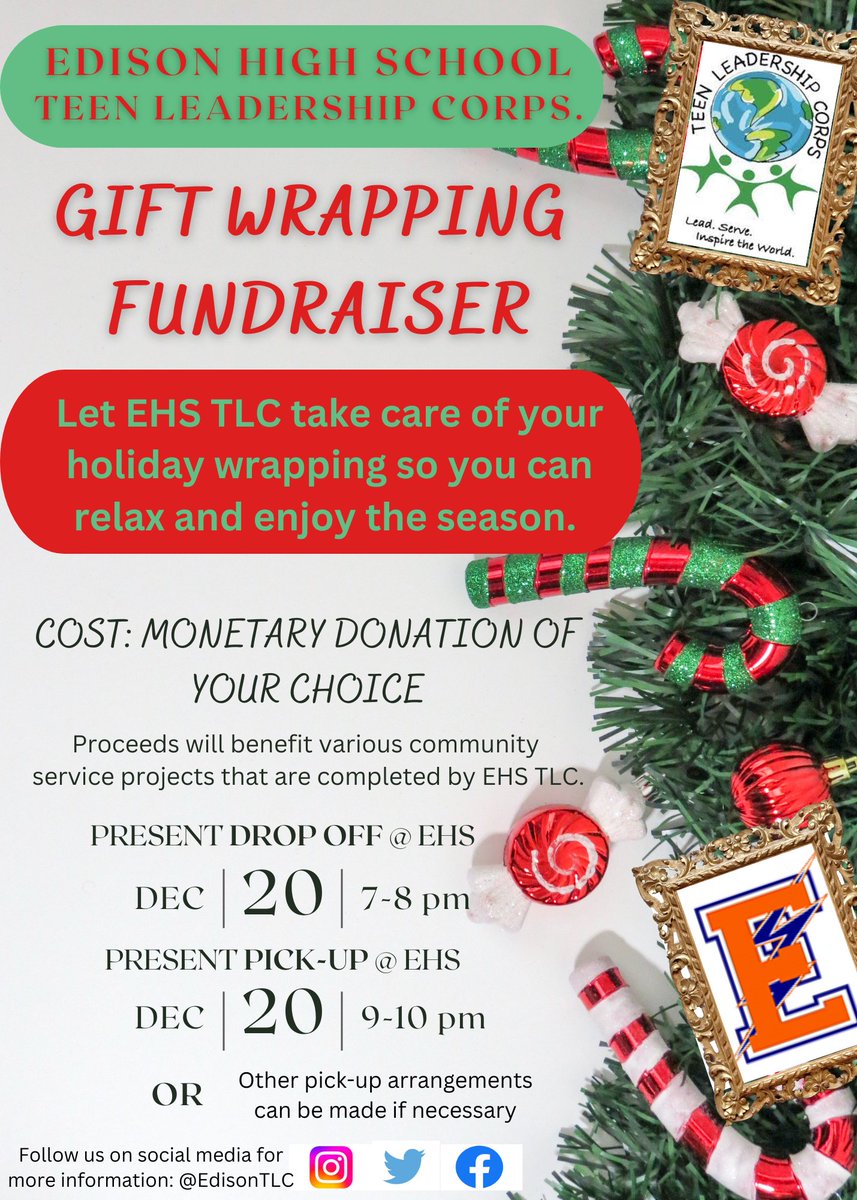 EdisonTLC's tweet image. 🎁✨ Need help with holiday gift wrapping? 🎁✨
Let EHS Teen Leadership Corps handle it!
📅 Dec 20
🕖 Drop-off: 7–8 PM @ EHS
🕘 Pick-up: 9–10 PM @ EHS
💲 Donations welcome!

Proceeds support community service projects! 🎄
📲 Follow us: @EdisonTLC
#EddisonTLC #GiftWrapping