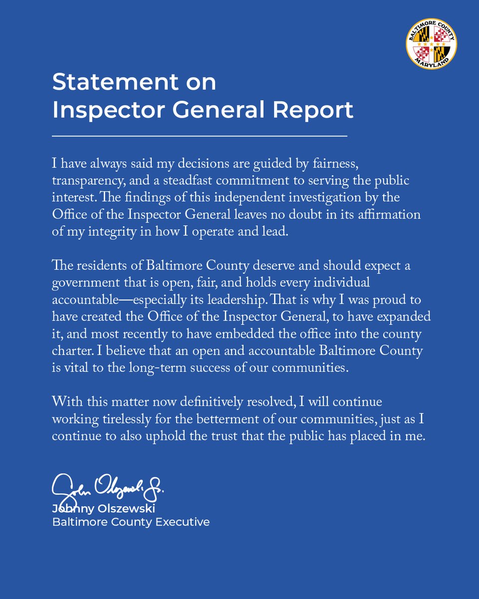 BaltCoExec's tweet photo. The findings of this independent investigation by the Office of the Inspector General leaves no doubt in its affirmation of my integrity in how I operate and lead. https://t.co/0Ax2sAlheU