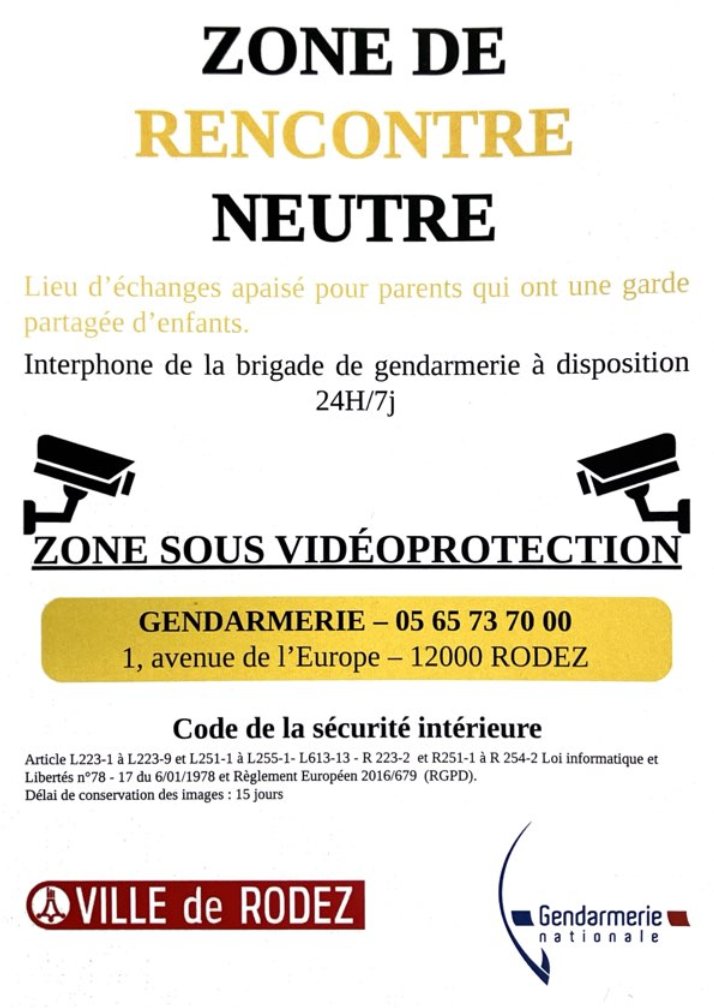 Excellente initiative de <a href="/Gendarmerie_012/">Gendarmerie de l'Aveyron</a> et <a href="/VilledeRodez/">Ville de Rodez</a> qui ont mis en oeuvre une zone de rencontre neutre en matière de résidence alternée