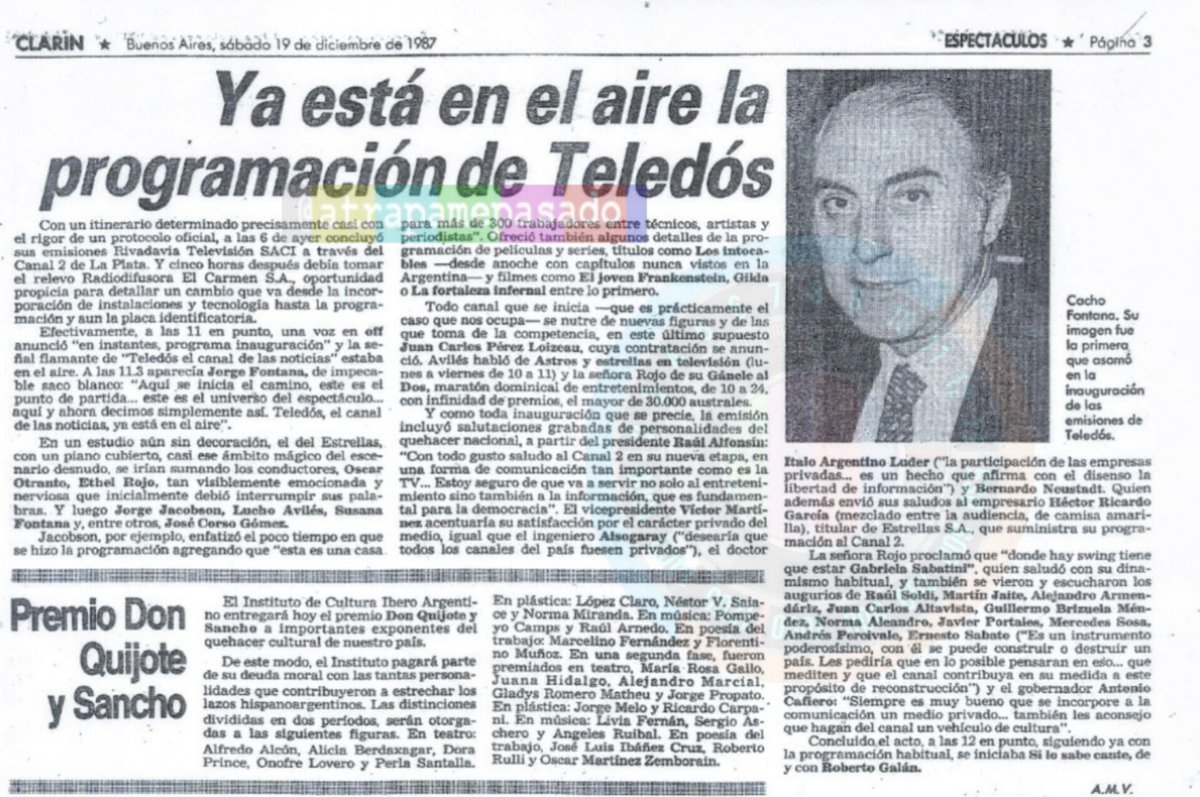 atrapamepasado's tweet photo. Detalles del show de apertura de transmisiones de #TeleDos, nueva marca del canal platense con el sello artístico y periodístico de Héctor Ricardo García.
Animación de Cacho Fontana junto a figuras de la naciente telemisora.
#En1987 #Hace37Años 📺 https://t.co/GbUQ5WaT9U