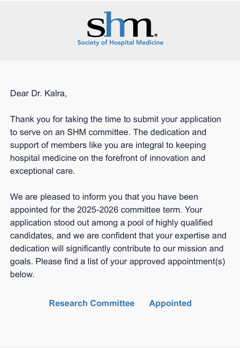 Kriti Kalra, MD, FACC (@kritikalra092) on Twitter photo Looking forward to serving on the <a href="/SocietyHospMed/">Society of Hospital Medicine</a> Research Committee 2025-2026. Grateful to get the opportunity to collaborate with peers advancing Hospital Medicine. Looking forward to serving on the <a href="/SocietyHospMed/">Society of Hospital Medicine</a> Research Committee 2025-2026. Grateful to get the opportunity to collaborate with peers advancing Hospital Medicine.