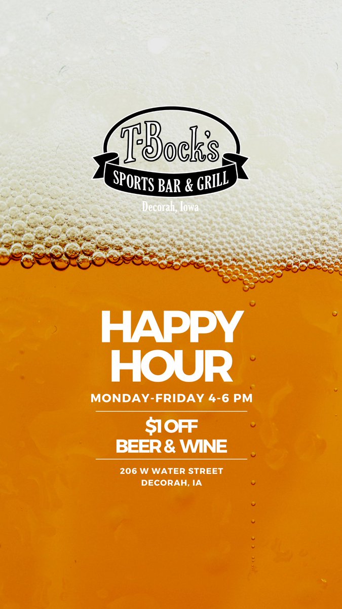 Join us for Happy Hour!!!

$1 off 16oz taps (except PBR), domestic bottles and glasses of wine!!!