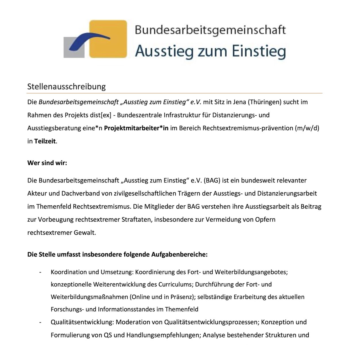📣 Bundesarbeitsgemeinschaft „Ausstieg zum Einstieg“ e.V. sucht Projektmitarbeiter*in im Bereich #Rechtsextremismus-#Prävention (m/w/d) in Teilzeit | #Jena 

📅 Frist: 19.01.2025

➡️kultweet.de/jobs/BAG_Ausst…

#Job #Stellenausschreibung @bag_ausstieg