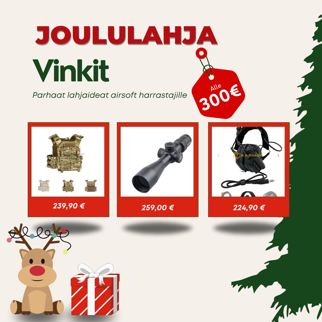 Huippulaadukkaat lahjat airsoft-harrastajalle 

📷 Vector Optics Veyron 4-16×44 FFP kiikaritähtäin 
📷 Warrior Assault Systems RPC Recon Plate Carrier  
📷 OPSMEN Earmor M32 MARK3 MilPro aktiivikuulosuojaimet
📷 Hanki täydellinen lahja, josta unelmoidaan!