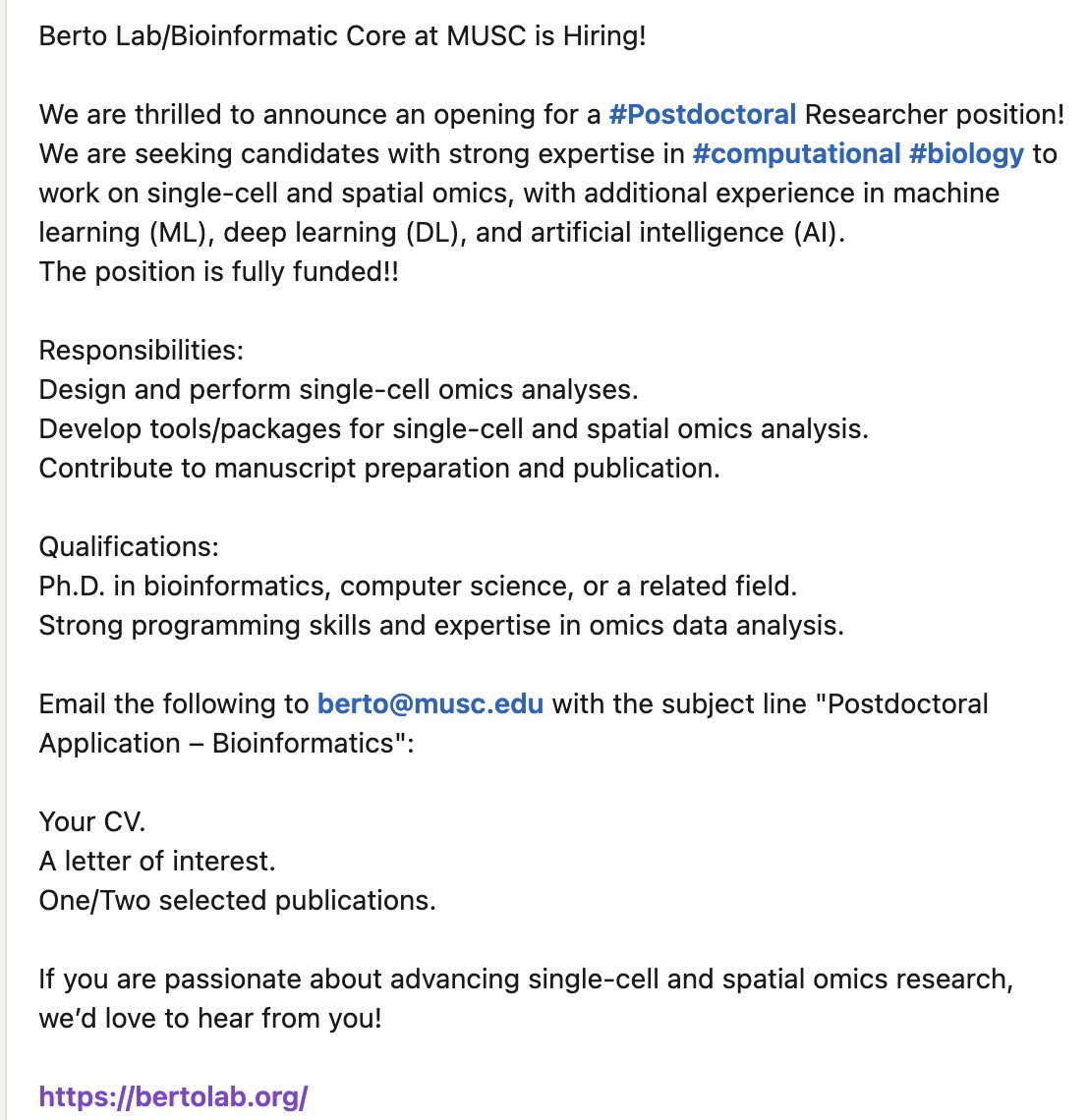 StefanoBerto83's tweet image. Re-tweeting this. Please share!
Berto Lab + BioCM Core has another position to fill!
We’re looking for a #computational #postdoc to work on single-cell and spatial omics, with experience in ML/DL/AI.
The position is fully funded.
Email or DM me for more info!