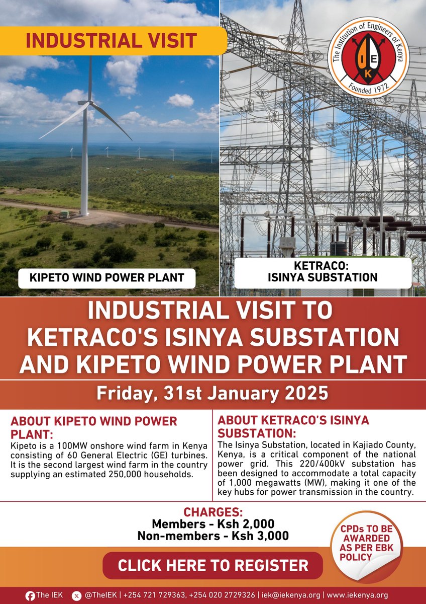 The IEK invites you to an Industrial Visit to KETRACO's Isinya Substation and Kipeto Wind Power Plant on Friday, 31st January 2025.

This visit offers a unique opportunity to explore two key components of Kenya's energy infrastructure. At the Kipeto Wind Power Plant, Kenya's
