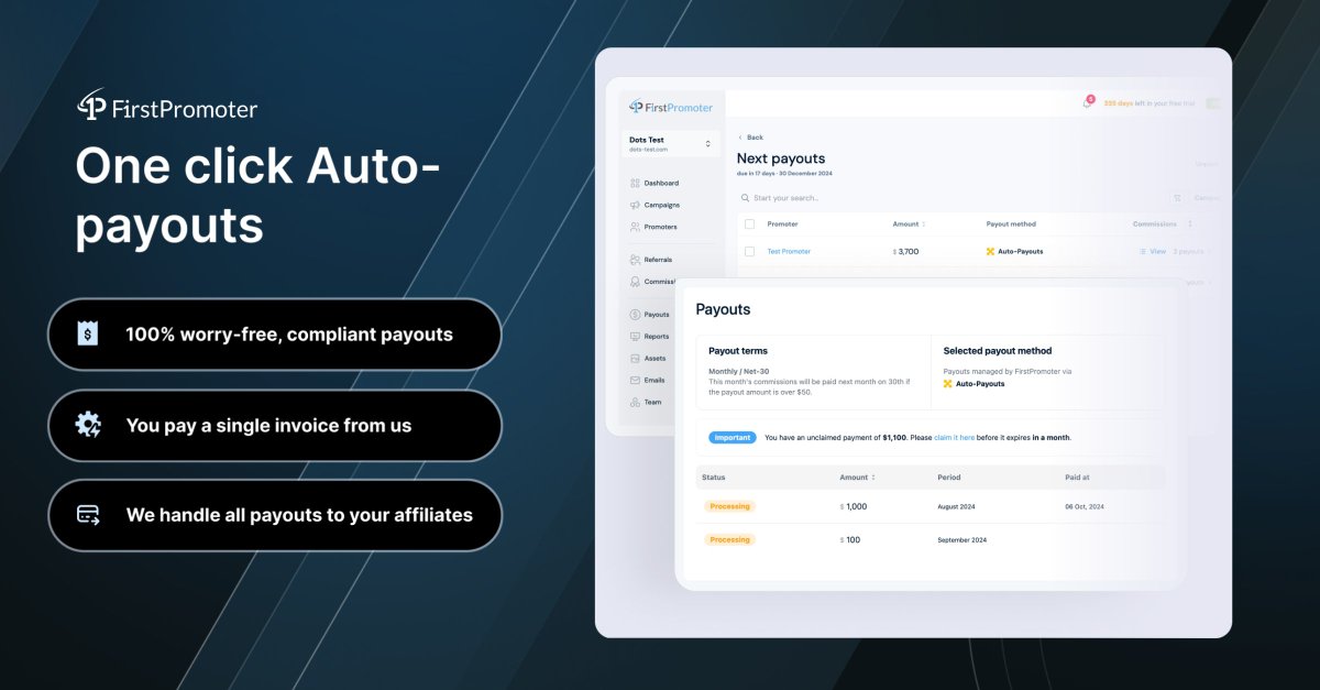 Introducing auto-payouts! FirstPromoter can handle payments on your behalf by automatically paying all your promoters.

#SaaSGrowth #SaaSMarketing #AutoPayouts