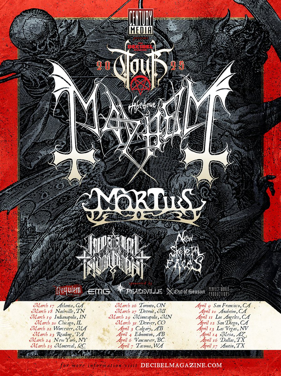 Decibel Magazine (@dbmagazine) on Twitter photo Announcing the Decibel Magazine Tour 2025 featuring <a href="/mayhemnorway/">The True Mayhem</a>, <a href="/Mortiis/">Mortiis</a>, <a href="/imperialnyc/">Imperial Triumphant</a> and #NewSkeletalFaces! Tickets on sales 10am local time Friday, Dec 20. Dates and ticket links here: decibelmagazine.com/events/tour/ Announcing the Decibel Magazine Tour 2025 featuring <a href="/mayhemnorway/">The True Mayhem</a>, <a href="/Mortiis/">Mortiis</a>, <a href="/imperialnyc/">Imperial Triumphant</a> and #NewSkeletalFaces! Tickets on sales 10am local time Friday, Dec 20. Dates and ticket links here: decibelmagazine.com/events/tour/