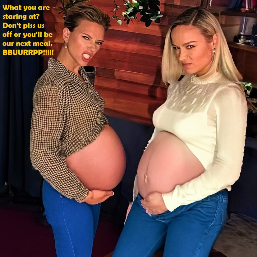 Chris_Rod18523's tweet photo. After a long interview, it appears that Scarlett and Brie were really hungry. They made some lucky fans into their tasty snacks. While they admired their stuffed bellies, one of their critics seemingly made them angry leading to a stern warning. Credit to jimmy130. #vore https://t.co/sPXWHe9tZ7
