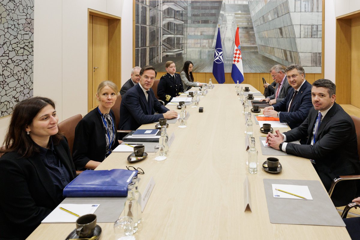 At <a href="/NATO/">NATO</a> headquarters in #Brussels I met with <a href="/SecGenNATO/">Mark Rutte</a>. Croatia remains a reliable and responsible ally contributing to efforts towards global security and peace. In 2025, we will achieve the goal of allocating 2% of #GDP to defense, with numerous investments in defense