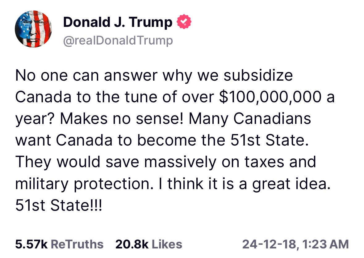 SatireSquadHQ's tweet image. 🇨🇦🇺🇸Ok the Canada thing is getting real.

And Trump is right. 

Let’s have a referendum?

We could be the largest, richest and most powerful country in the world?🤔
