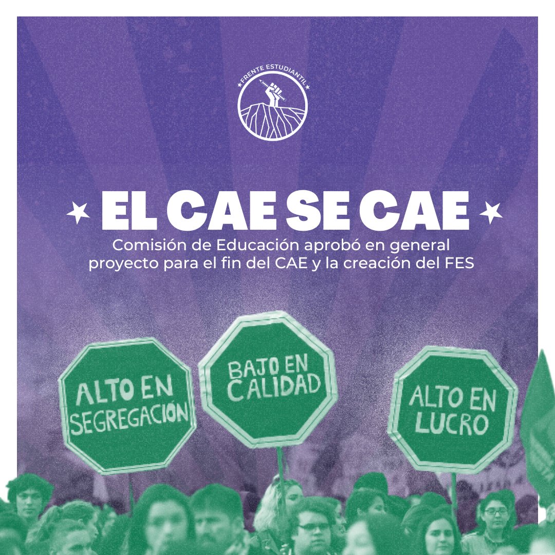 !Buenas noticias! La Comisión de Educación ha aprobado en general el proyecto que busca terminar con el CAE y dar paso al FES.

Este es un avance significativo en la histórica lucha para transformar el sistema de financiamiento, y ponerle fin al sistema CAE #Seguimos