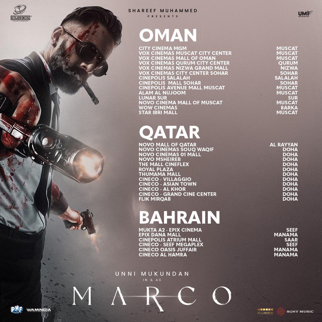 Iamunnimukundan's tweet image. #Marco in UAE🇦🇪, SAUDI ARABIA🇸🇦, QATAR🇶🇦, OMAN🇴🇲, BAHRAIN🇧🇭, KUWAIT🇰🇼 theatre list! 

Bookings Open Now! 👍🏼

#MarcoDec20