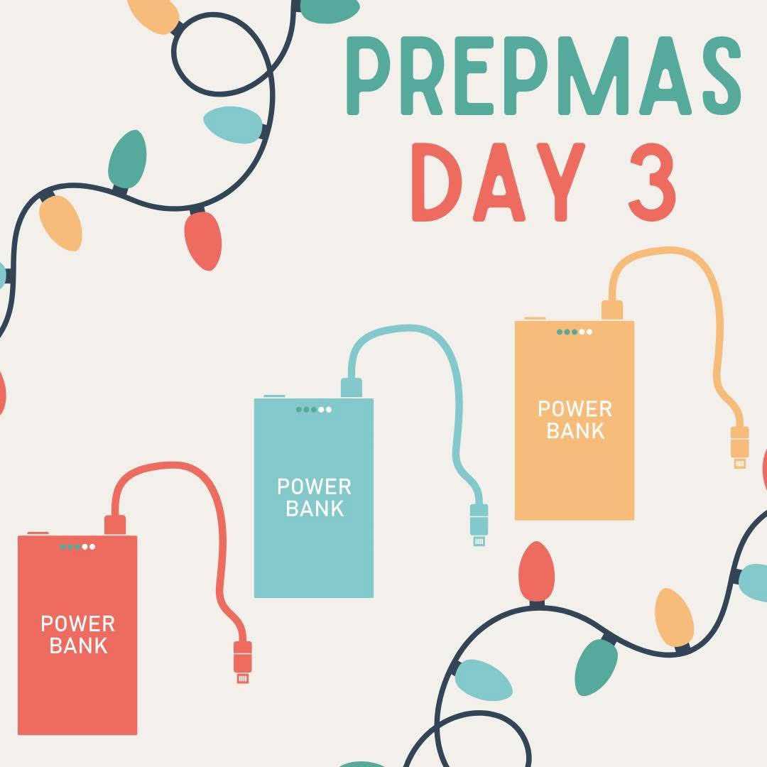 SCEMD's tweet photo. On the third day of Prepmas, my prep buddy gave to me: three Battery Power Bank Portable Chargers! 
For when you’ve got 10% battery, no outlets, and a burning need to scroll memes.

#BePrepared #Prepmas #ThirdDay #EmergencyPrep #HolidayPrep https://t.co/t3qSjlPFwb