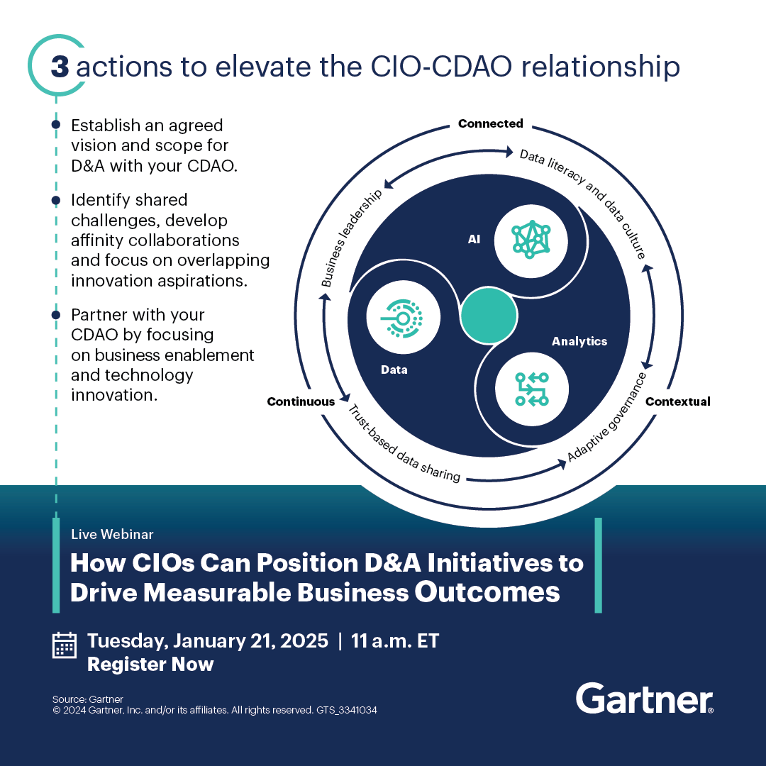 Ready to boost the CIO-CDAO relationship and tackle stakeholder challenges? Join us for insights on leveraging augmented analytics for smarter decisions. Transform your D&amp;A initiatives: 
gtnr.it/3VFCrPN #GartnerIT