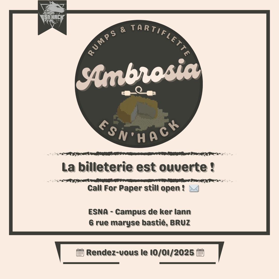 bleizack's tweet photo. La billetterie d'Ambrosia est officiellement ouverte !  

Si vous souhaitez profiter de talks intéressants accompagnés d'une bonne tartiflette 🧀 et de vin 🍷, n'hésitez pas à réserver votre place.  

Vous pouvez retrouver la billetterie en ici: https://t.co/PMUOOrFchO https://t.co/Ry7n20Kxxm