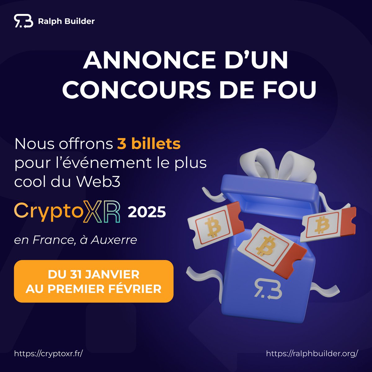 MiningTk's tweet photo. 🚨Places pour CryptoXR🚨

Envie d’assister à l’événement Web3 de l’Est de la France ? 
RalphBuilder offre 3 places pour CryptoXR🚀

Participez et découvrez l’équipe française derrière le générateur de Smart Contracts sur @alephium 🤝

Pour participer :
➡️Follow @RalphBuilder  + @MiningTk   
➡️RT + Like

⌛️TAS 22/12

Bonne chance à tous 🍀

On se retrouve tous là bas pour faire la fête 🥳