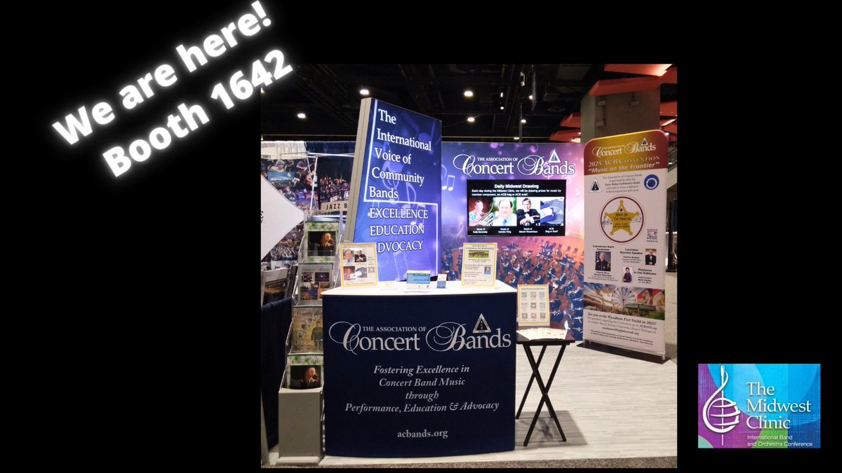AssnConcertBand's tweet photo. @midwestclinic kicks off today! If you are here, come visit us at booth 1642. Enter to win music by member composers or other merch. #midwest https://t.co/AOdaSEq7e0