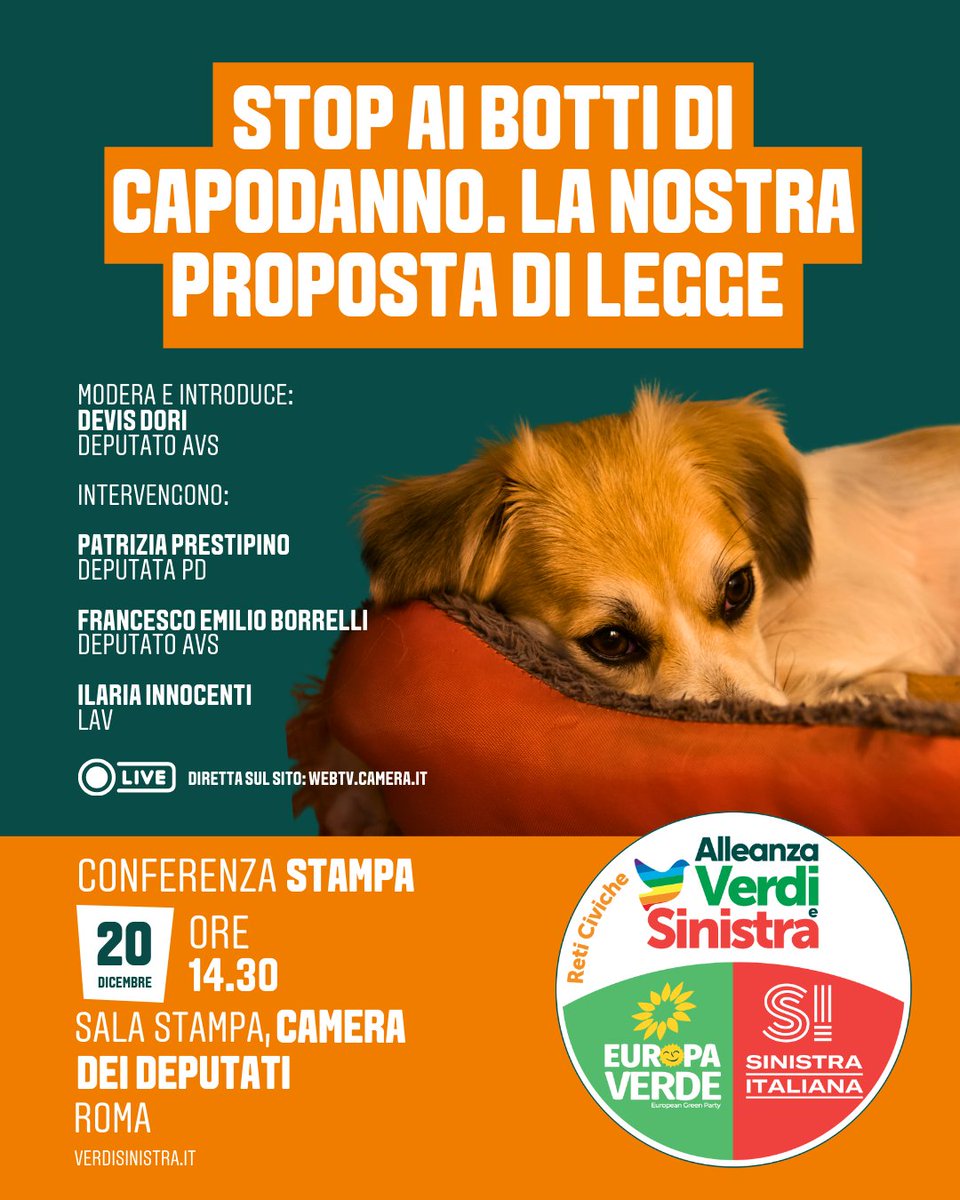 Europa Verde - Verdi (@europaverde_it) on Twitter photo 🚫 Stop ai botti di Capodanno. La nostra proposta di legge promossa da <a href="/DevisDori/">Devis Dori</a>
🗓️#20dicembre
🕐 ore 14:30
📌Sala Stampa della Camera dei Deputati, Roma
📹 Segui la diretta dell'evento su webtv.camera.it
#alleanzaverdisinistra 🚫 Stop ai botti di Capodanno. La nostra proposta di legge promossa da <a href="/DevisDori/">Devis Dori</a>
🗓️#20dicembre
🕐 ore 14:30
📌Sala Stampa della Camera dei Deputati, Roma
📹 Segui la diretta dell'evento su webtv.camera.it
#alleanzaverdisinistra