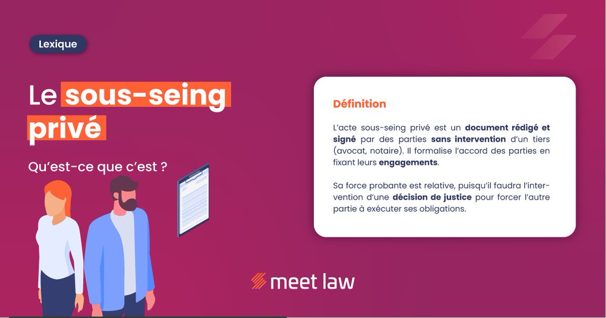 Meetlaw_fr's tweet photo. Le sous-seing privé, qu'est-ce que c'est ?

Découvre la réponse dans notre lexique ! 💬

#droit #juridique #justice #avocat https://t.co/sa79xSLxzM