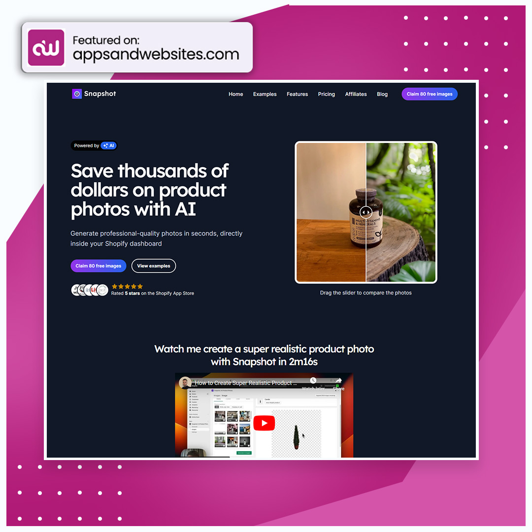 AppsandWebsites's tweet image. Transform your product photos instantly! 🚀 From simple tweaks to breathtaking environments, Snapshot AI creates pro-quality shots with ease!

📷 Try 80 free images today!

#SnapshotAI #ShopifySolutions

Visit Apps &amp;amp; Websites for more awesome AI  tools:appsandwebsites.com/directory/ai-t…