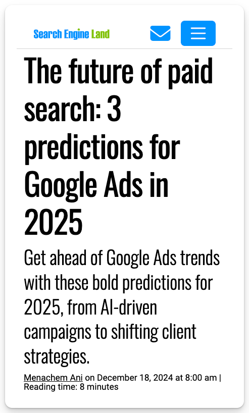 MenachemAni's tweet photo. NEW 📣 @sengineland 

The future of paid search: 3 predictions for Google Ads in 2025

Get ahead of Google Ads trends with these bold predictions for 2025, from AI-driven campaigns to shifting client strategies. https://t.co/zIU5v9KXKR