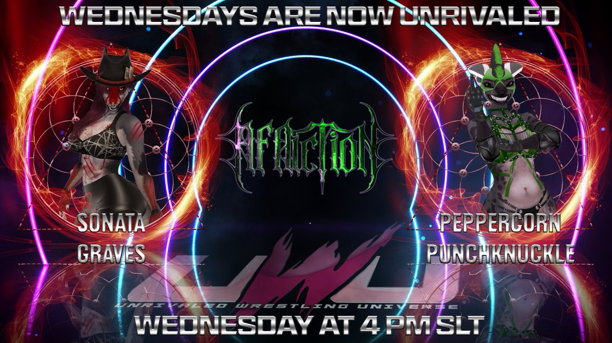 Then in our main event, Peppercorn Punchknuckle make her Unrivaled Wrestling Universe debut against the bloody angel Sonata Graves. 

All that and more as we suplex you a Merry Christmas and Happy New Year tonight at UWU #Affliction

Taxi: maps.secondlife.com/secondlife/Ser…