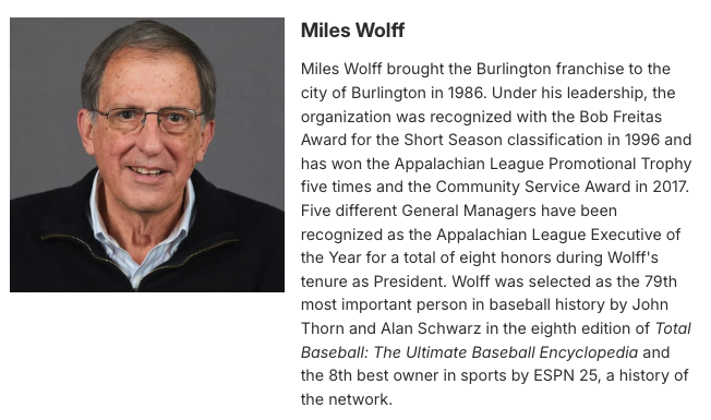 Congratulations to Miles Wolff on being elected to the North Carolina Sports Hall of Fame's Class of 2025!

The former Burlington and Pulaski owner was inducted into the #AppyLeague Hall of Fame in 2019.

More: ncshof.org/2024/12/the-no…