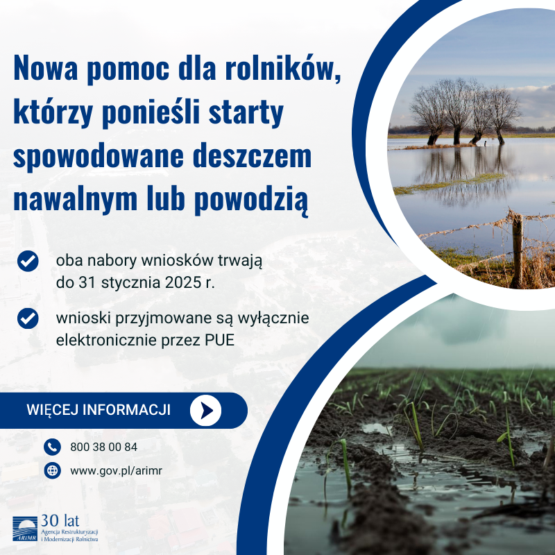 ARiMR_GOV_PL's tweet photo. 📆Do 31 stycznia 2025 r. rolnicy, którzy w 2024 r. ponieśli straty w  uprawach w wysokości co najmniej 30 proc. i szkody te powstały w wyniku  deszczu nawalnego lub powodzi, mogą ubiegać się pomoc. https://t.co/zj7zewBPFc
