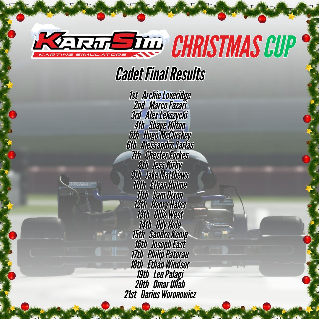 KartSimLtd's tweet photo. A huge well done to all of the drivers who competed in the KartSim Christmas Cup Esports event last night👏

Archie Loveridge took the win in the Cadet class, and Zain Kwekha took the win in the Senior class🎄

Keep your eyes peeled for more KartSim Esports events in 2025🔜 https://t.co/bbBjbaa7HO