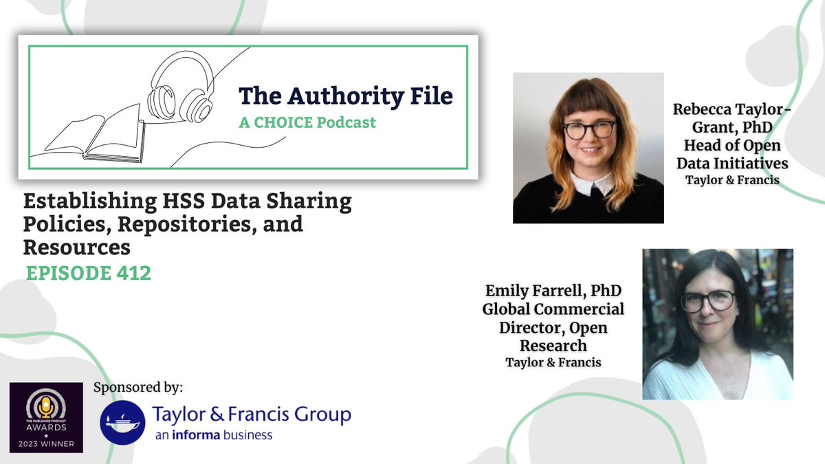 Choice_Reviews's tweet photo. Catch Ep412 of #TheAuthorityFile podcast
In this third episode of a four-part series, our guests discuss the development of data sharing policies, repositories, and resources. https://t.co/UJ3V394T2W
@tandfonline #dataresearch #openresearch #scholcomm https://t.co/U6oKiPEmTE