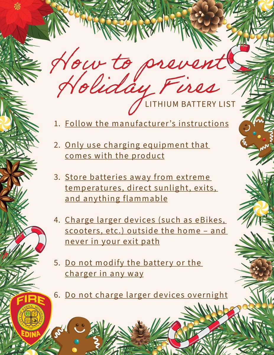 Edina Fire has a few fire prevention wish lists for this holiday season 🎁🌲 Preventing fires should be considered when decorating your home &amp; buying gifts with rechargeable batteries. Check out the lists below and visit EdinaMN.gov/PreventFires for more prevention tips!