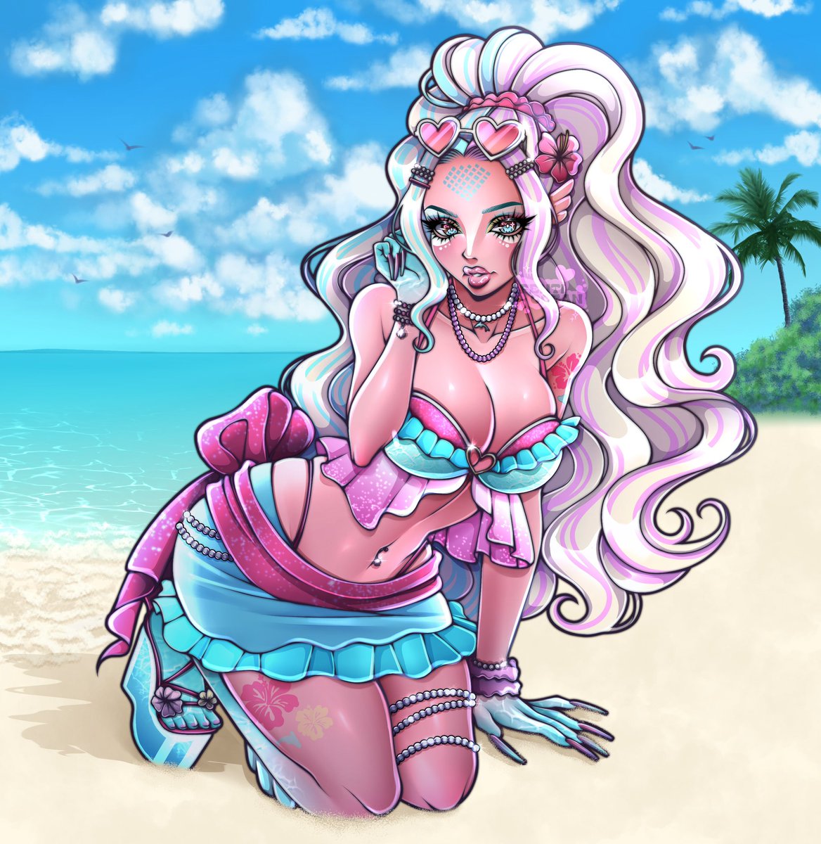 Fanart of <a href="/makiniart/">Julie 🎀 VGEN C0M WAITLIST 🩷</a> ‘s gyaru Lagoona from a few months ago 🌺🐬🏝️ Julie makes the best J-fashion MH designs !! #gyarutwt #monsterhighdolls