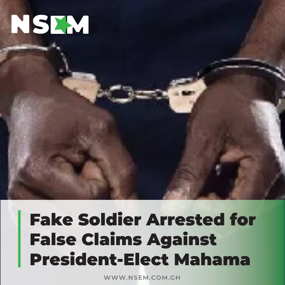 nsemcomgh's tweet image. The Ghana Armed Forces (GAF) have arrested Alex Cobbinah for impersonating a soldier and spreading false information about President-elect John Dramani Mahama in a viral video.

#GhanaArmedForces #AlexCobbinah #FakeSoldier