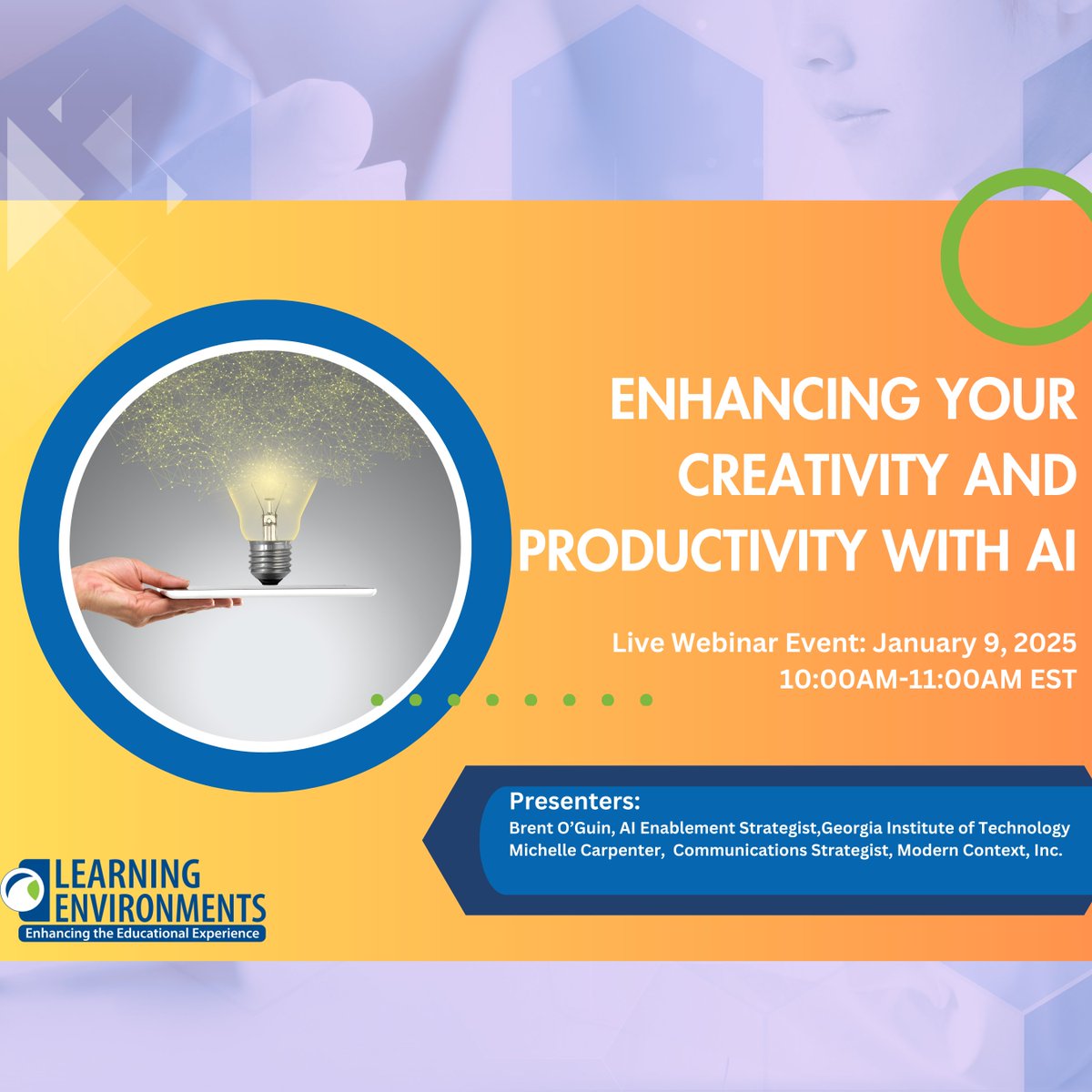 Join Us for Our Upcoming Webinar: Enhancing Your Creativity and Productivity with AI Webinar 🗓 Date: January 9, 2025 📷 Time: 10:00AM-11:00AM EST 📷a4le.org/A4LE/Resources…… #a4le #learningenvironments