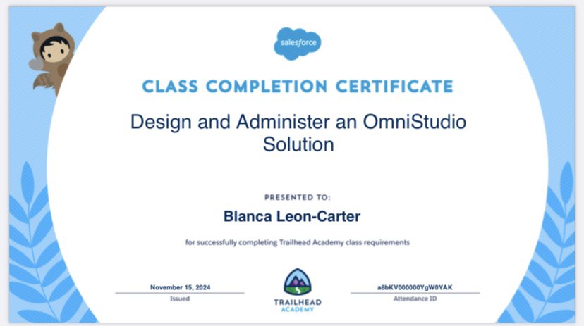 blancavleon's tweet photo. ๐ Excited to share that Iโve recently completed two @trailhead by Salesforce Academy courses: Design and Administer an OmniStudio Solution and Configure and Administer a Salesforce CPQ Solution! ๐ฉ๐ปโ๐ป
#SalesforceArchitect #SalesforceMVP #LifeWithGoldie #LatinaInTech https://t.co/J0z88aM7hL