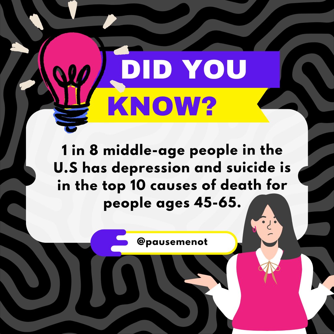 PauseMeNot's tweet photo. 1 in 8 middle-aged people in the U.S. faces depression, and suicide is one of the top 10 causes of death for those aged 45-65. It’s crucial to break the stigma, start conversations, and support each other. Remember, you’re not alone.  

Visit https://t.co/0ywEi2YOJn https://t.co/vW4BTej7fR