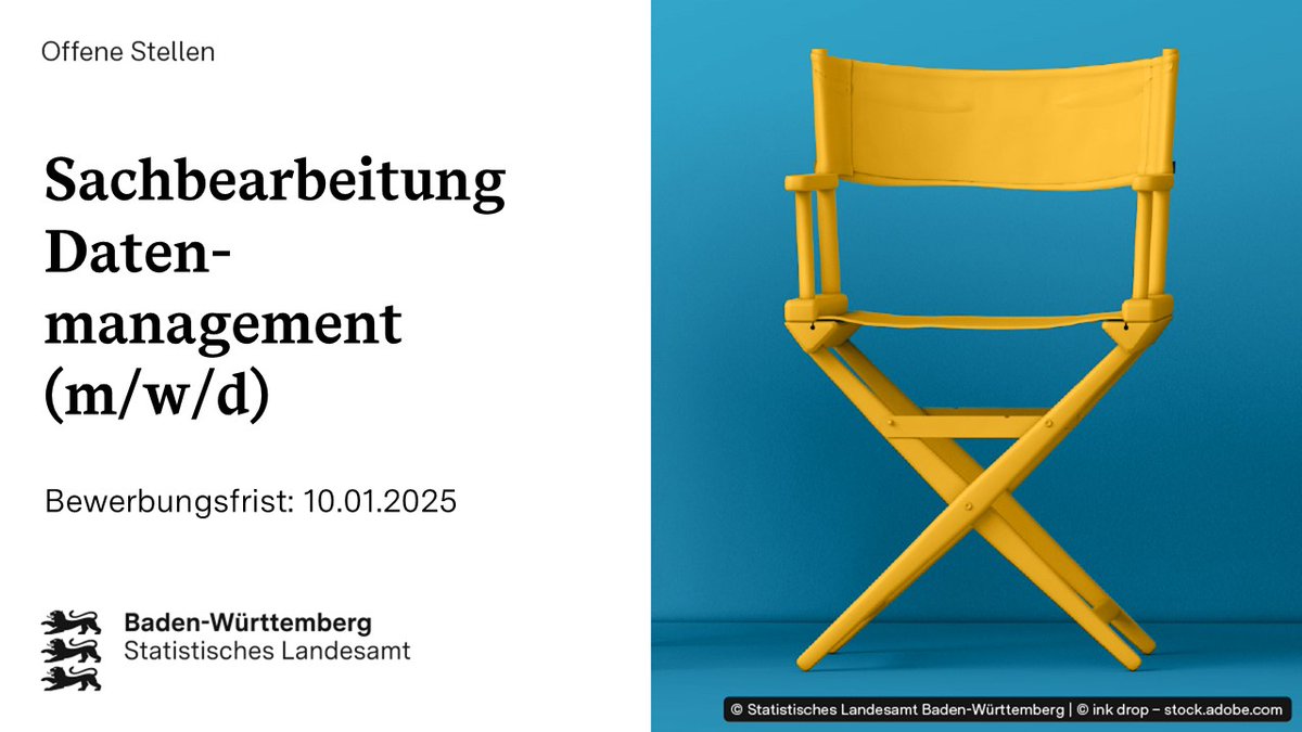 🖊️Wir suchen eine Sachbearbeitung  Datenmanagement für den Aufbau unserer zukünftigen Datenbank GENESIS
📅 Bewerbungsfrist: 10.01.2025
➡️ statistik-bw.de/UeberUns/Beruf…