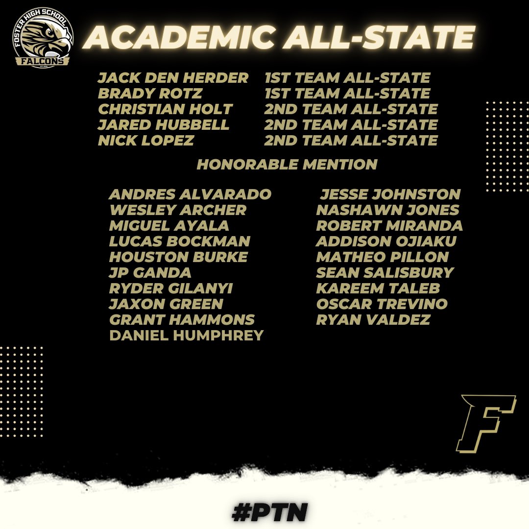 Foster Football (@fosterfootball) on Twitter photo Huge honor for these young men making the Academic All-State team!! 92 and above GPA!! #PTN <a href="/AthleticsFoster/">Foster Athletics</a> <a href="/FosterHSNews/">Foster High School</a> <a href="/FHSABC_TX/">FHSABC</a> <a href="/lcisdathletics/">LCISD ATHLETIC DEPT.</a> Huge honor for these young men making the Academic All-State team!! 92 and above GPA!! #PTN <a href="/AthleticsFoster/">Foster Athletics</a> <a href="/FosterHSNews/">Foster High School</a> <a href="/FHSABC_TX/">FHSABC</a> <a href="/lcisdathletics/">LCISD ATHLETIC DEPT.</a>