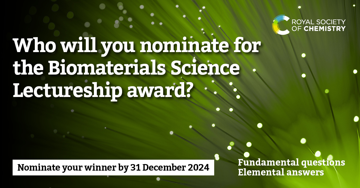 Last chance to nominate an outstanding early-career researcher for the 2025 Biomaterials Science Lectureship! The deadline is TOMORROW. 

For last minute nomination details see here: blogs.rsc.org/bm/2024/09/19/…