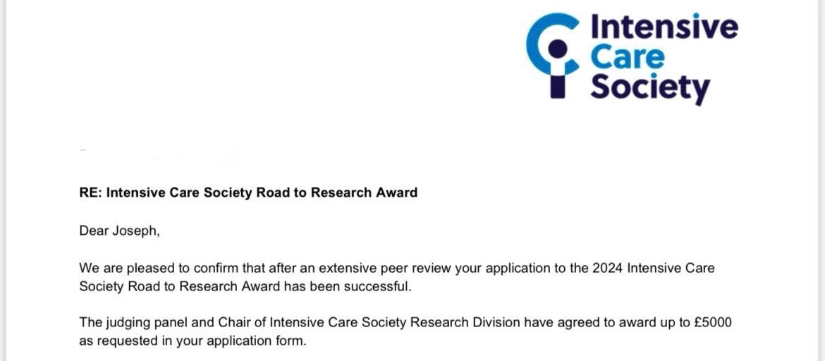 Joe Wilson 🩺 (@joe_wilson97) on Twitter photo Finishing the year on a high! Really happy to have been awarded funding by <a href="/ICS_updates/">Intensive Care Society 💙</a>.
Excited to carry on with <a href="/drmarkmcphail/">MarkMcPhail</a> and <a href="/Inst_of_Liver/">The Roger Williams Institute of Liver Studies</a> <a href="/KingsCritCare/">King's Critical Care</a> looking at how we can reverse immunoparaesis and prevent sepsis in the sickest liver patients. Finishing the year on a high! Really happy to have been awarded funding by <a href="/ICS_updates/">Intensive Care Society 💙</a>.
Excited to carry on with <a href="/drmarkmcphail/">MarkMcPhail</a> and <a href="/Inst_of_Liver/">The Roger Williams Institute of Liver Studies</a> <a href="/KingsCritCare/">King's Critical Care</a> looking at how we can reverse immunoparaesis and prevent sepsis in the sickest liver patients.