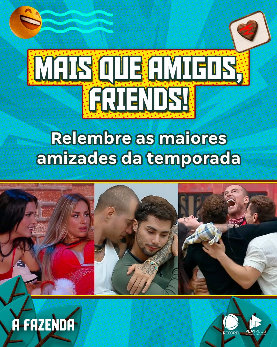 afazendarecord's tweet image. #RetrospecitvaAFazenda | Esta edição foi marcada por grandes momentos de emoção, disputa e também por incríveis amizades que conquistaram o público. Aqui estão algumas das mais fortes e inesquecíveis! 💖
👉 Assine o #PlayPlus e tenha acesso à transmissão 24 horas de #AFazenda com