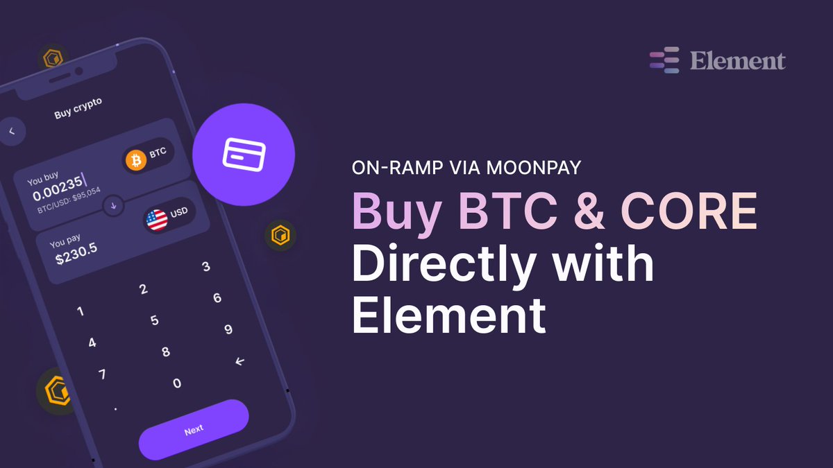🟣🔶 Element Wallet 🤝 @MoonPay = seamless #CORE purchases.

Now you can buy CORE and BTC directly in-app, dive into the <a href="/Coredao_Org/">Core DAO 🔶</a> ecosystem, and stake CORE and BTC easily - all in one place. 

Fast, simple, made for you! 🔥

#ChooseElement #JustUseCore