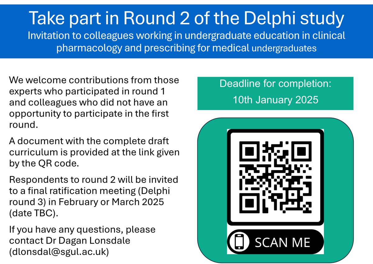 CGuilding's tweet image. Join us for Round 2 of the Delphi Study to produce the @BritPharmSoc Clinical Pharmacology Curriculum for medical students! Open to Round 1 participants &amp; new colleagues in medical education. Deadline: 10 Jan 2025. Details &amp; draft curriculum here: tinyurl.com/BPSMedCurricD2