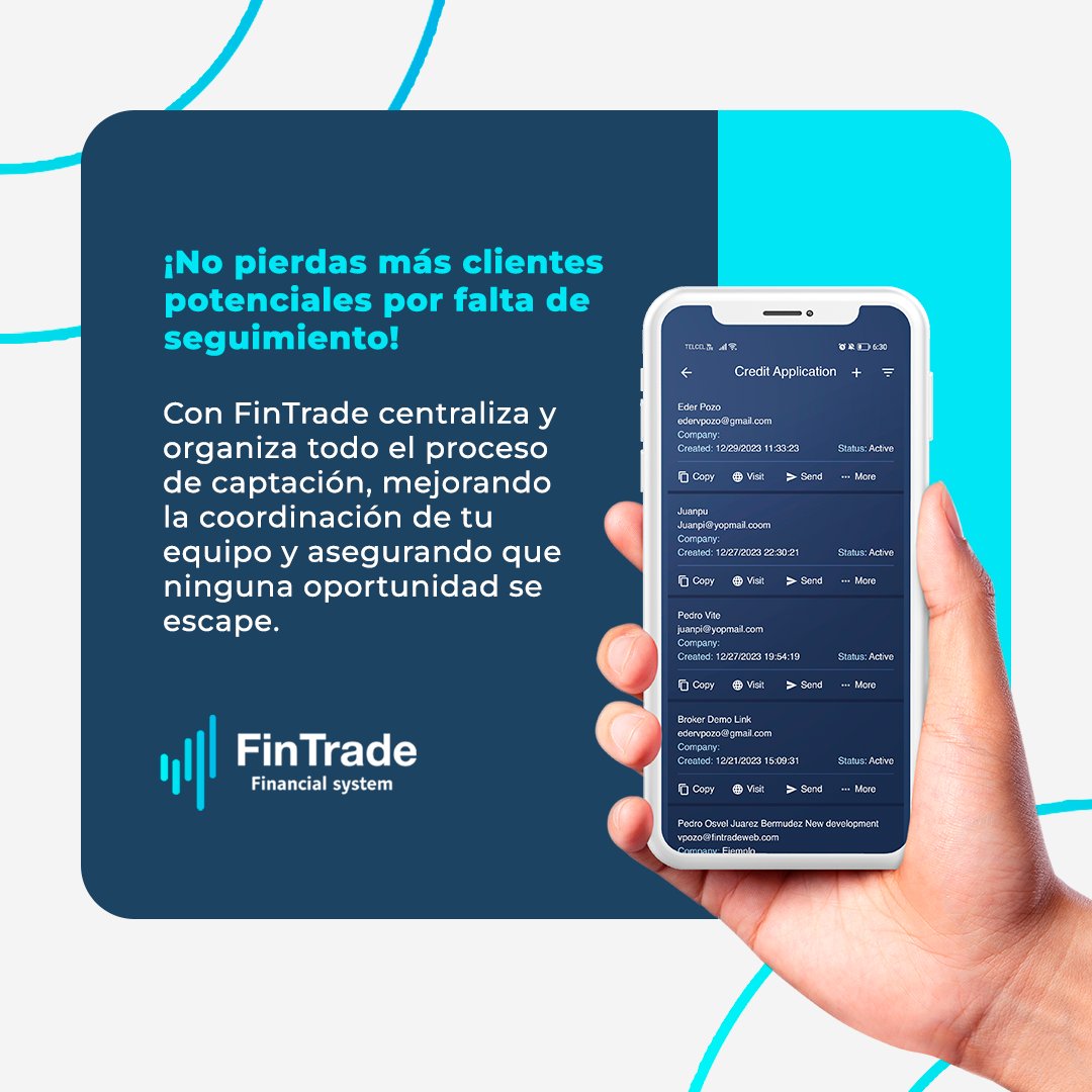 FinTradeSystem's tweet image. Gestiona el proceso de captación de clientes de manera eficiente con FinTrade, desde el primer contacto hasta el financiamiento aprobado. 📊💼

#FinTrade #CaptaciónDeClientes #CrecimientoEmpresarial