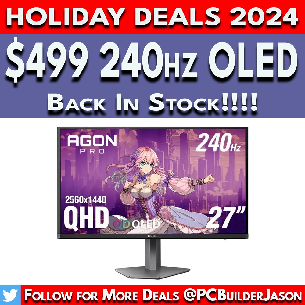 PCBuilderJason's tweet image. Deal➡️ howl.link/qbvurtt18aiql
affiliate

Best value 240hz 1440p OLED is Back In Stock!! The AOC AG276QZD2 is an excellent 27&quot; 1440p 240hz QD-OLED. Arrives before Christmas. This class of monitors was $1000 at the beginning of 2024!!! Don&apos;t miss out! #PCBuilder #HolidayDeals2024