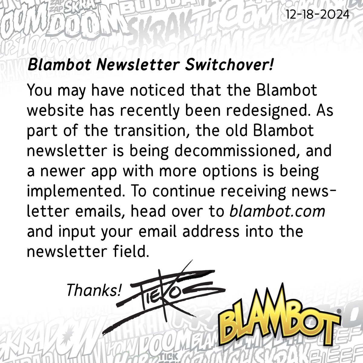 The old Blambot newsletter is closing! Sign up for the new Blambot Newsletter at blambot.com